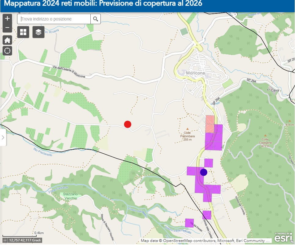 Mappa Infratel delle zone bianche di Moricone con i punti candidati